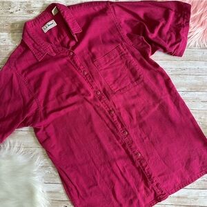 L.L. Bean Vintage Cool Weave Button Front Shirt | Large | Pink